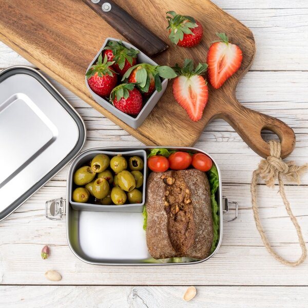 LEKKABOX Safe, 800ml | auslaufsichere Edelstahl Brotdose | inkl. 2 Silikoncups