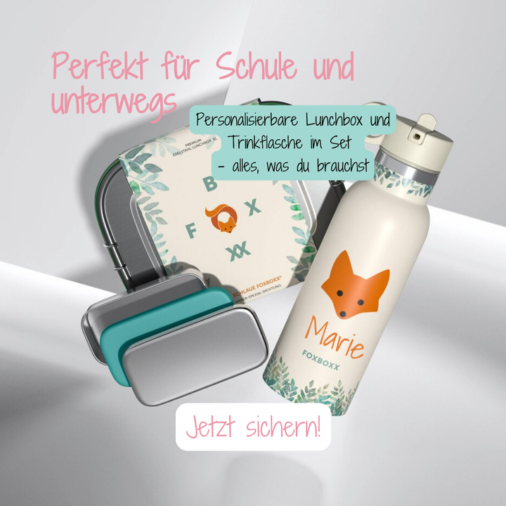 FOXBOXX Edelstahl-Set LARGE: FOX Trinkflasche & Large Special Lunchbox